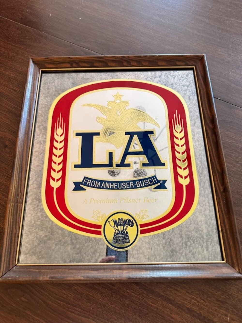 Vintage 1980's Anheuser-Busch "LA" Beer Advertising Mirror with Wood Frame